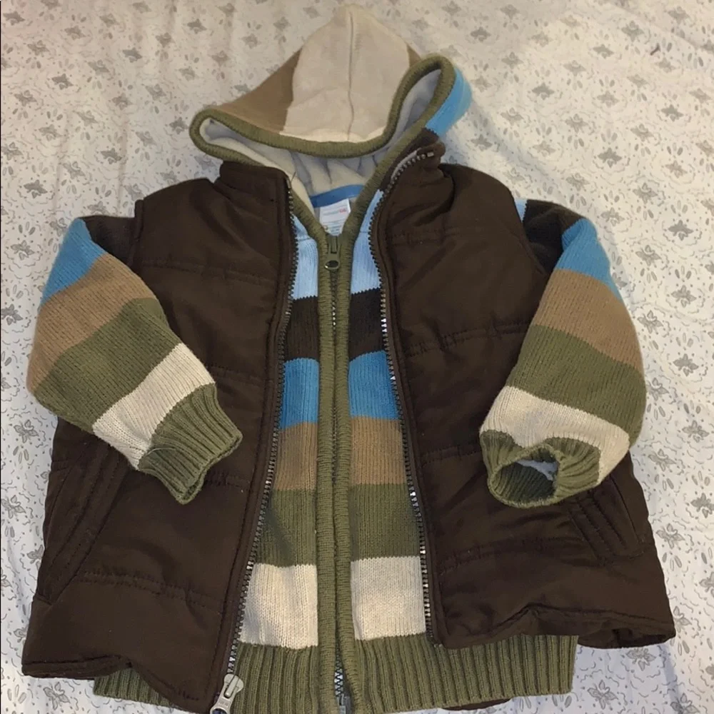 Fleece lined striped sweater 24 mos / puff vest 3T